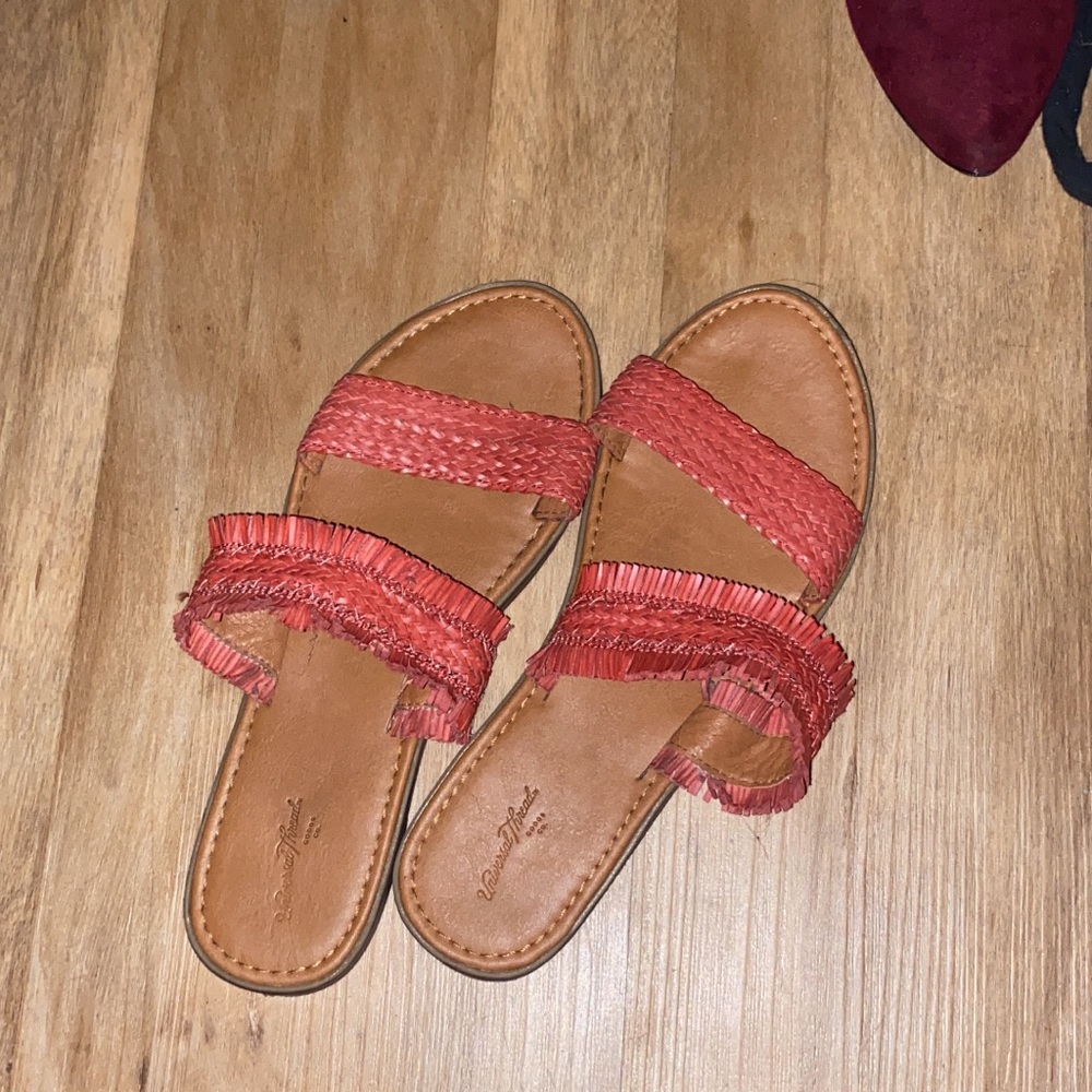 Pink fringe slide sandals